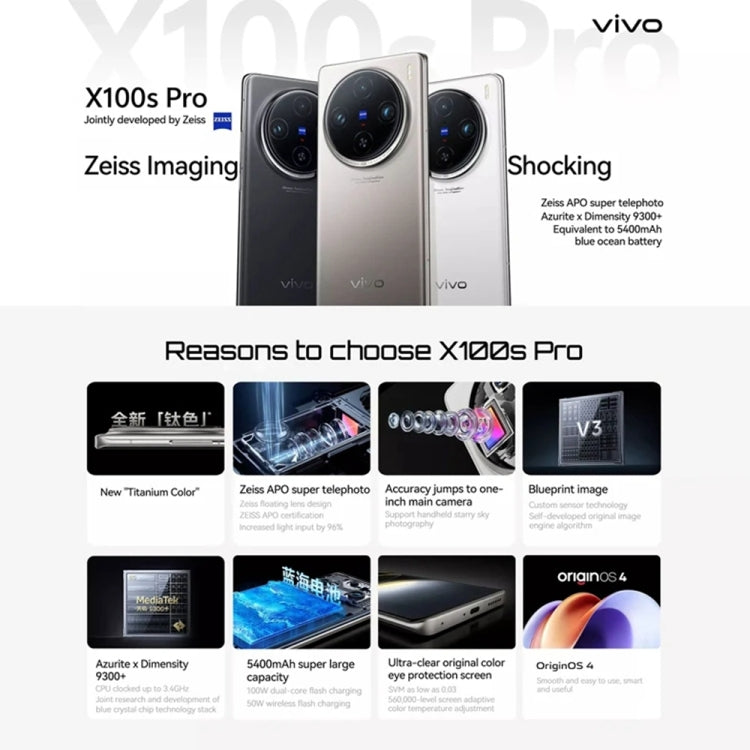 vivo X100s Pro, Triple Back Cameras, 16GB+512GB, Face ID / Fingerprint Identification, 6.78 inch Android 14 OriginOS 4 Dimensity 9300+ Octa Core, OTG, NFC, Network: 5G, Support Google Play (Titanium Color) - vivo by vivo | Online Shopping UK | buy2fix