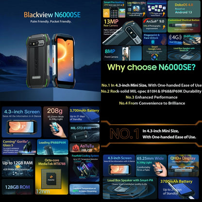 [HK Warehouse] Blackview N6000SE, IP68/IP69K/MIL-STD-810H, 4GB+128GB, 4.3 inch Android 13 MediaTek MT8788 Octa Core, Network: 4G, OTG, NFC (Green) - Blackview by Blackview | Online Shopping UK | buy2fix