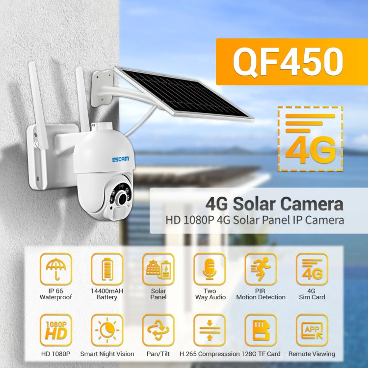 ESCAM QF450 HD 1080P 4G EU Version Solar Powered IP Camera with 128G Memory, Support Two-way Audio & PIR Motion Detection & Night Vision & TF Card - Dome Camera by ESCAM | Online Shopping UK | buy2fix