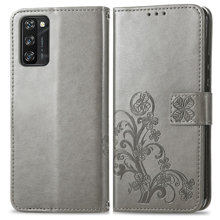 For Blackview A100 Four-leaf Clasp Embossed Buckle Mobile Phone Protection Leather Case with Lanyard & Card Slot & Wallet & Bracket Function(Grey) - More Brand by buy2fix | Online Shopping UK | buy2fix