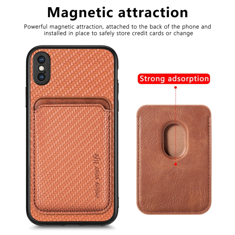 For iPhone XS Max Carbon Fiber Leather Card Magsafe Magnetic Phone Case(Brown) - More iPhone Cases by buy2fix | Online Shopping UK | buy2fix