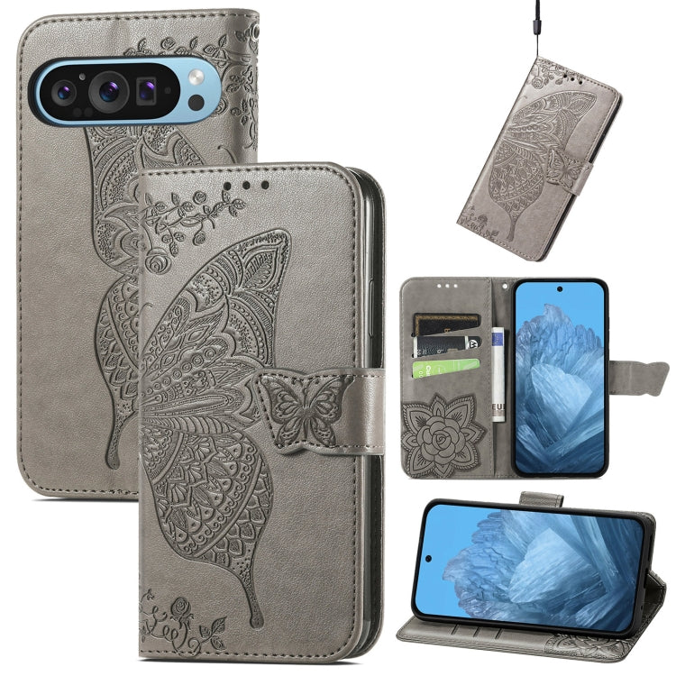 For Google Pixel 9 Butterfly Love Flower Embossed Leather Phone Case(Gray) - Google Cases by buy2fix | Online Shopping UK | buy2fix