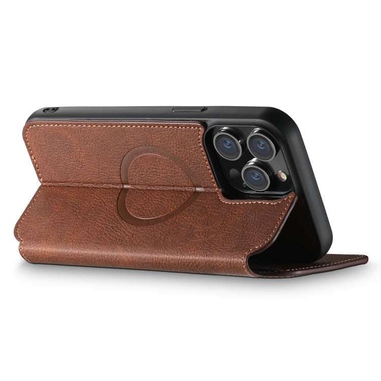 For iPhone 14 Plus Suteni J06 Retro Matte Litchi Texture Leather Magnetic Magsafe Phone Case(Brown) - iPhone 14 Plus Cases by Suteni | Online Shopping UK | buy2fix