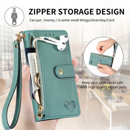 For iPhone 16 Love Zipper Lanyard Leather Phone Case(Green) - iPhone 16 Cases by buy2fix | Online Shopping UK | buy2fix