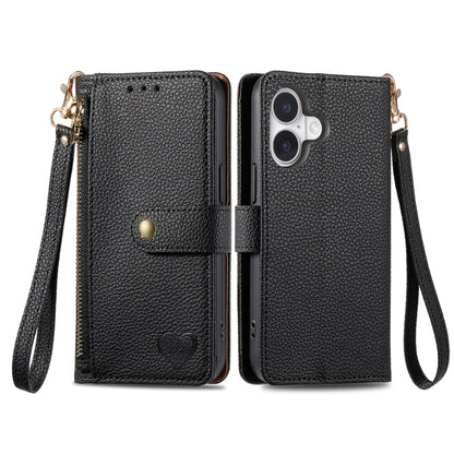 For iPhone 16 Plus Love Zipper Lanyard Leather Phone Case(Black) - iPhone 16 Plus Cases by buy2fix | Online Shopping UK | buy2fix