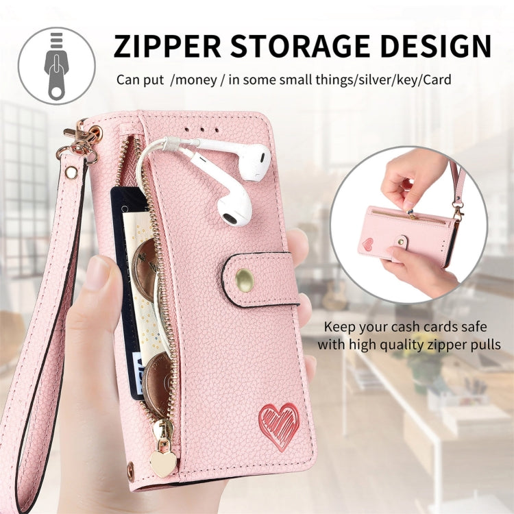 For iPhone 16 Pro Max Love Zipper Lanyard Leather Phone Case(Pink) - iPhone 16 Pro Max Cases by buy2fix | Online Shopping UK | buy2fix