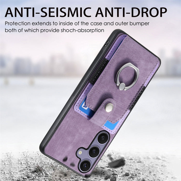 For Samsung Galaxy S25+ 5G Retro Skin-feel Ring Card Wallet Phone Case(Purple) - Galaxy S25+ 5G Cases by buy2fix | Online Shopping UK | buy2fix