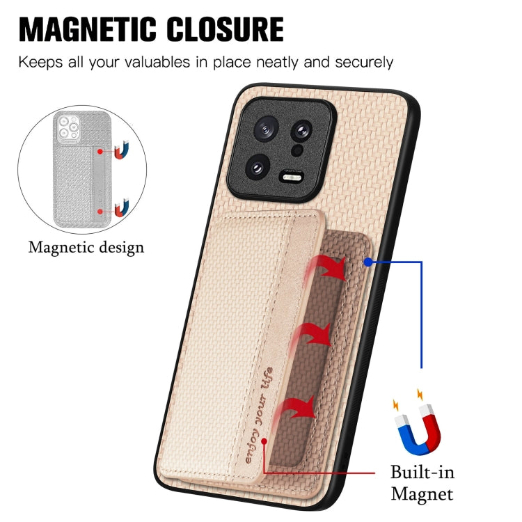 For Xiaomi 13 Carbon Fiber Magnetic Card Bag Phone Case(Khaki) - 13 Cases by buy2fix | Online Shopping UK | buy2fix