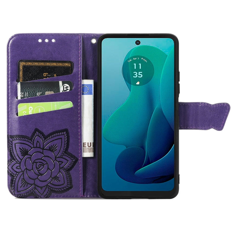 For Motorola Moto G 5G 2024 Butterfly Love Flower Embossed Leather Phone Case(Dark Purple) - Motorola Cases by buy2fix | Online Shopping UK | buy2fix