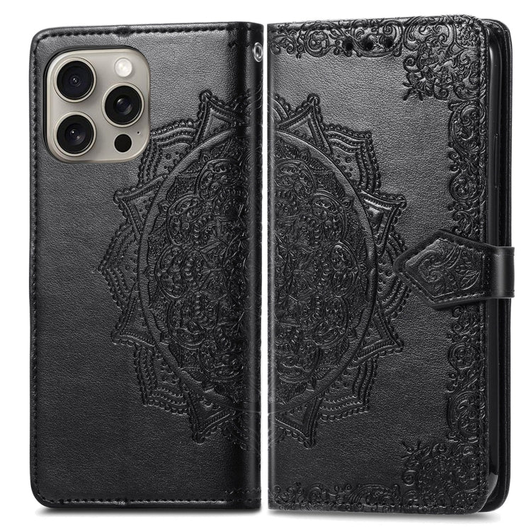 For iPhone 16 Mandala Flower Embossed Leather Phone Case(Black) - iPhone 16 Cases by buy2fix | Online Shopping UK | buy2fix