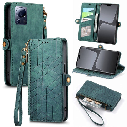 For Xiaomi 13 Lite Geometric Zipper Wallet Side Buckle Leather Phone Case(Green) - 13 Lite Cases by buy2fix | Online Shopping UK | buy2fix