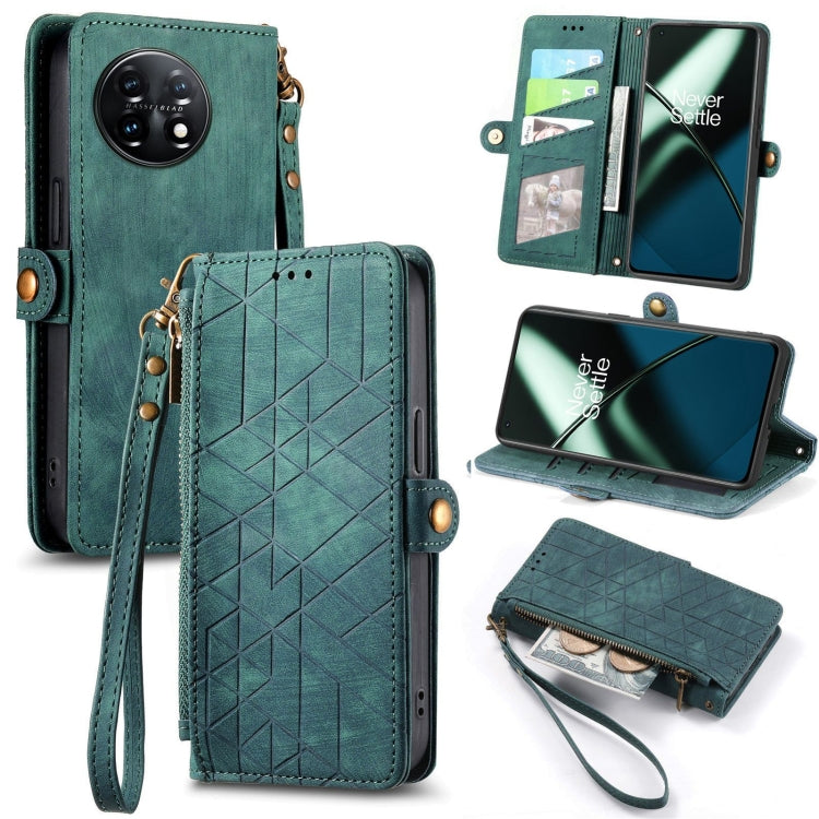 For OnePlus 11 Geometric Zipper Wallet Side Buckle Leather Phone Case(Green) - OnePlus Cases by buy2fix | Online Shopping UK | buy2fix