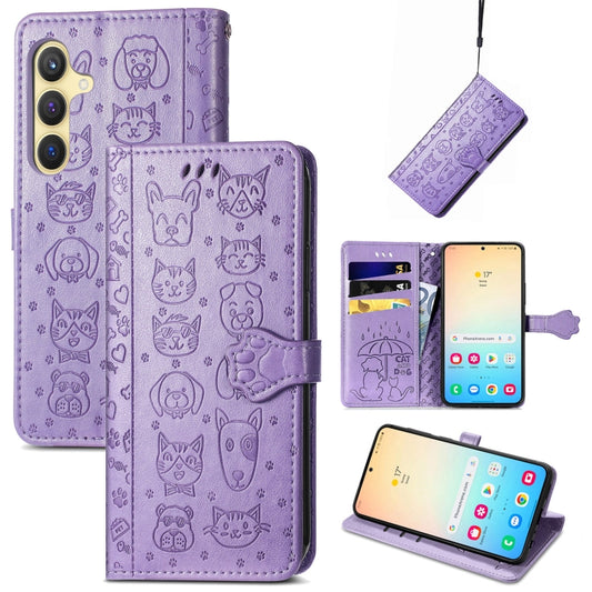 For Samsung Galaxy S24+ 5G Cat and Dog Embossed Leather Phone Case(Purple) - Galaxy S24+ 5G Cases by buy2fix | Online Shopping UK | buy2fix
