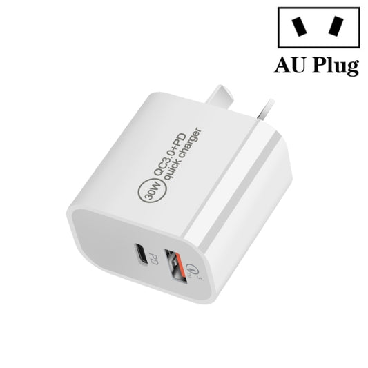 [HK Warehouse] PD30W USB-C / Type-C + QC3.0 USB Dual Port Charger, AU Plug - USB Charger by buy2fix | Online Shopping UK | buy2fix