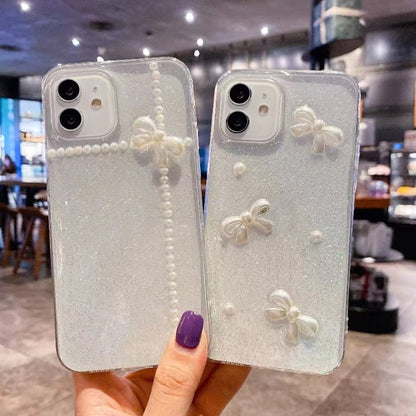 For iPhone 16 Pro Max Pearl Bow Glitter Epoxy TPU Phone Case(Cross Knots) - iPhone 16 Pro Max Cases by buy2fix | Online Shopping UK | buy2fix