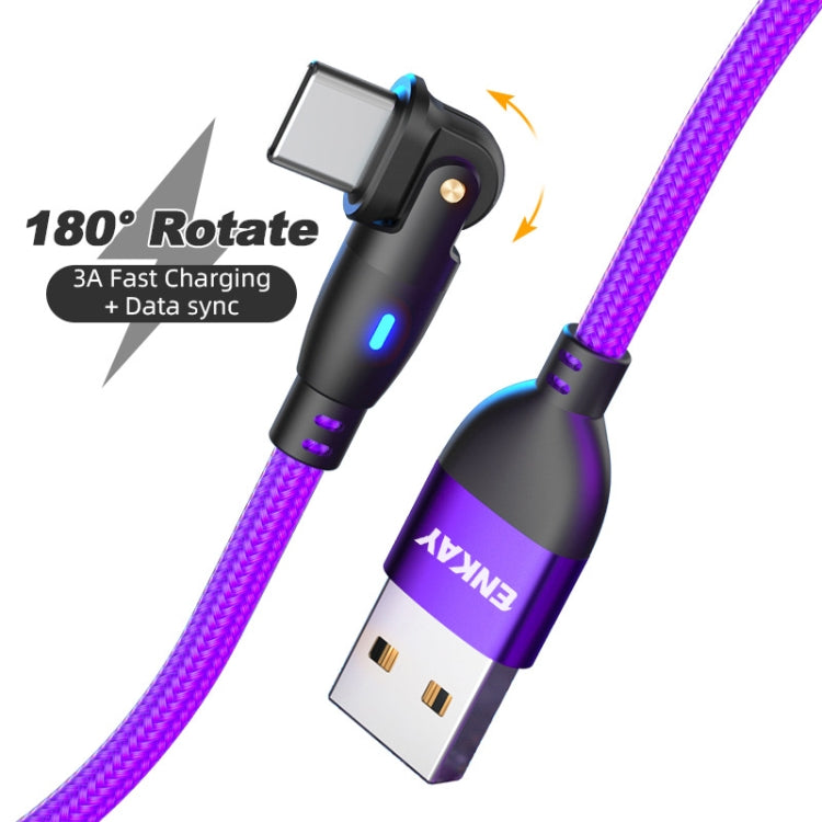 ENKAY 180 Degrees Rotating USB to Type-C 3A Fast Charging Data Cable with LED Light, Length:2m(Purple) - USB-C & Type-C Cable by ENKAY | Online Shopping UK | buy2fix