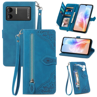 For DOOGEE X98 Pro / X98 Embossed Flower Zipper Leather Phone Case(Blue) - Doogee Cases by buy2fix | Online Shopping UK | buy2fix