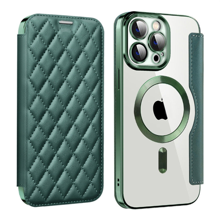 For iPhone 13 Pro Max Shield Magsafe RFID Anti-theft Rhombus Leather Phone Case(Green) - iPhone 13 Pro Max Cases by buy2fix | Online Shopping UK | buy2fix