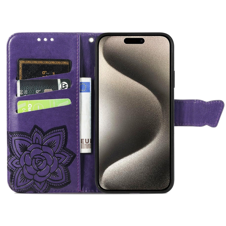 For iPhone 16 Butterfly Love Flower Embossed Leather Phone Case(Purple) - iPhone 16 Cases by buy2fix | Online Shopping UK | buy2fix