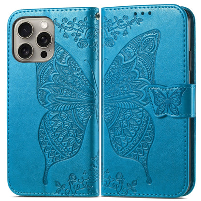 For iPhone 16 Pro Butterfly Love Flower Embossed Leather Phone Case(Blue) - iPhone 16 Pro Cases by buy2fix | Online Shopping UK | buy2fix