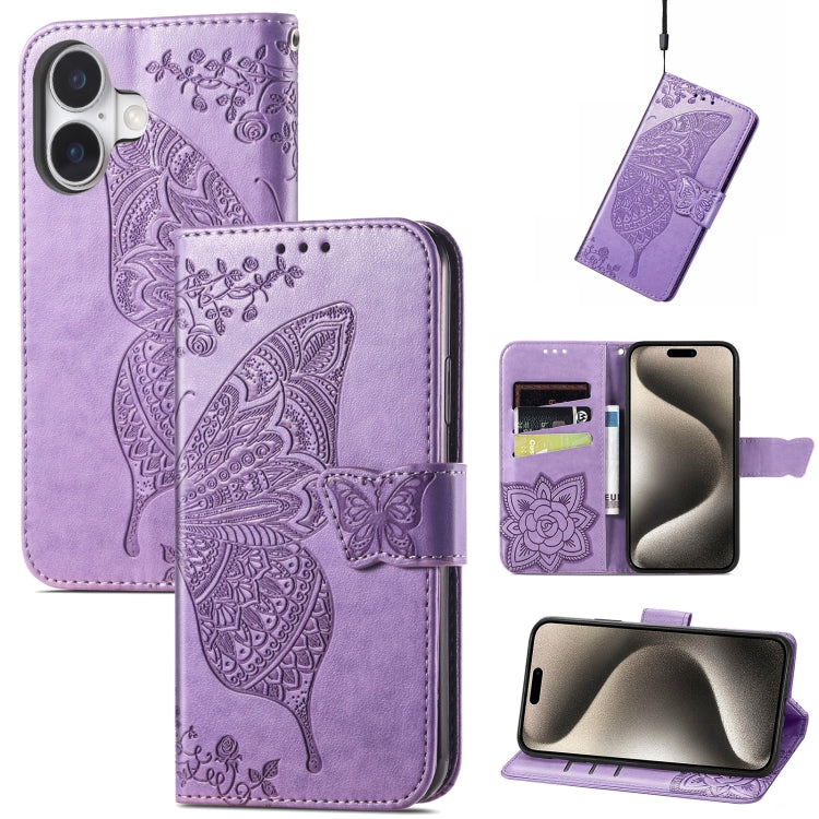 For iPhone 16 Plus Butterfly Love Flower Embossed Leather Phone Case(Lavender) - iPhone 16 Plus Cases by buy2fix | Online Shopping UK | buy2fix