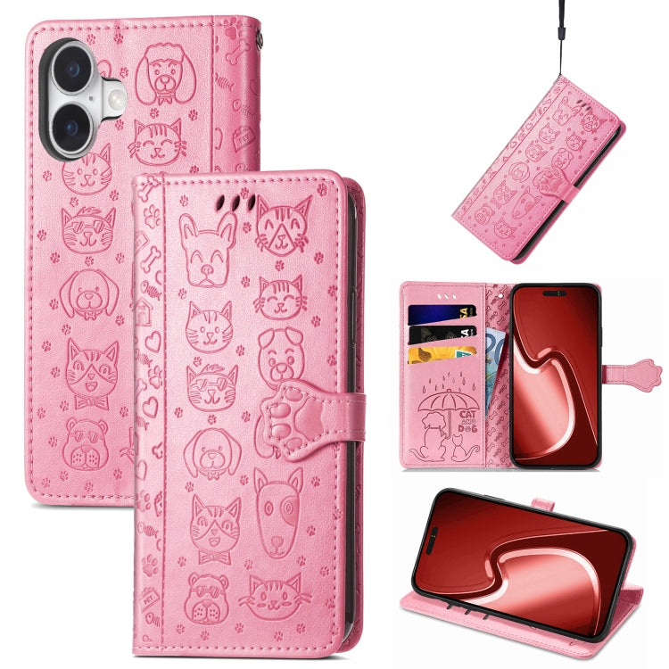 For iPhone 16 Cat and Dog Embossed Leather Phone Case(Pink) - iPhone 16 Cases by buy2fix | Online Shopping UK | buy2fix