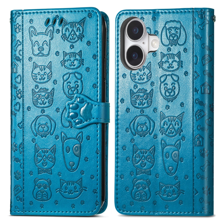 For iPhone 16 Plus Cat and Dog Embossed Leather Phone Case(Blue) - iPhone 16 Plus Cases by buy2fix | Online Shopping UK | buy2fix