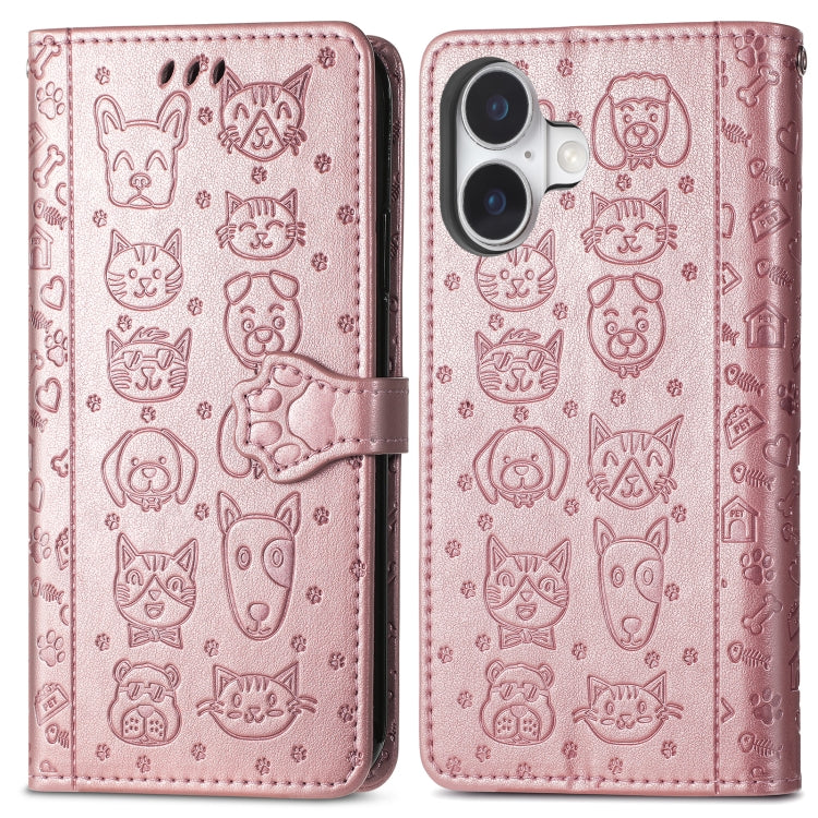 For iPhone 16 Plus Cat and Dog Embossed Leather Phone Case(Rose Gold) - iPhone 16 Plus Cases by buy2fix | Online Shopping UK | buy2fix