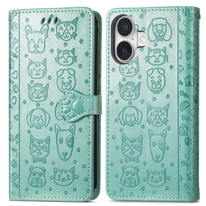 For iPhone 16 Plus Cat and Dog Embossed Leather Phone Case(Green) - iPhone 16 Plus Cases by buy2fix | Online Shopping UK | buy2fix