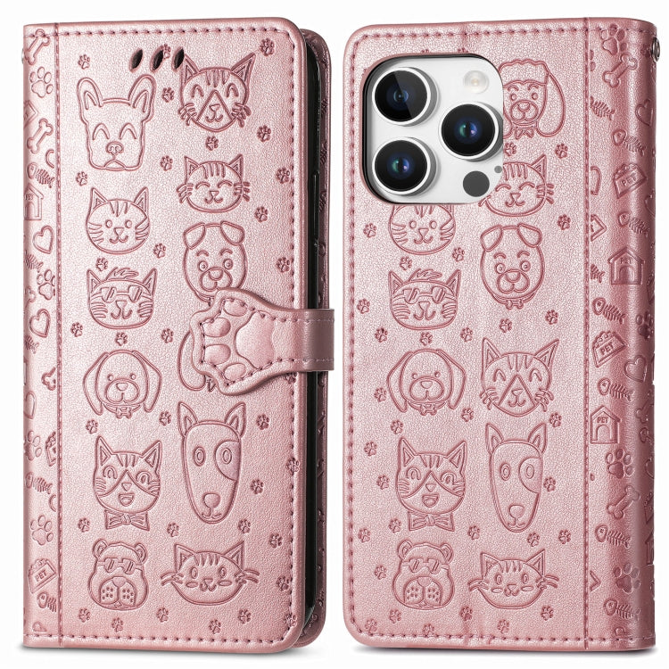 For iPhone 16 Pro Max Cat and Dog Embossed Leather Phone Case(Rose Gold) - iPhone 16 Pro Max Cases by buy2fix | Online Shopping UK | buy2fix