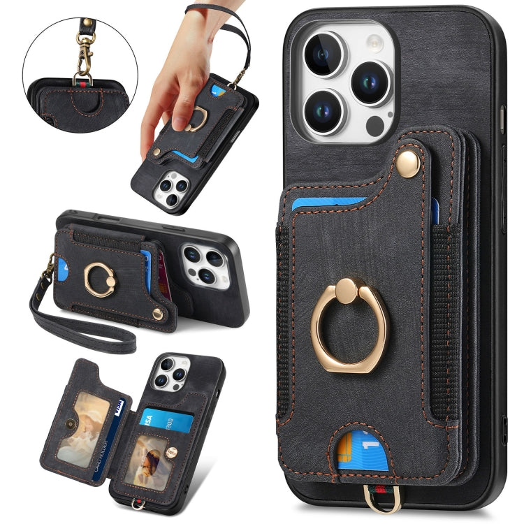 For iPhone 16 Pro Retro Skin-feel Ring Multi-card Wallet Phone Case(Black) - iPhone 16 Pro Cases by buy2fix | Online Shopping UK | buy2fix