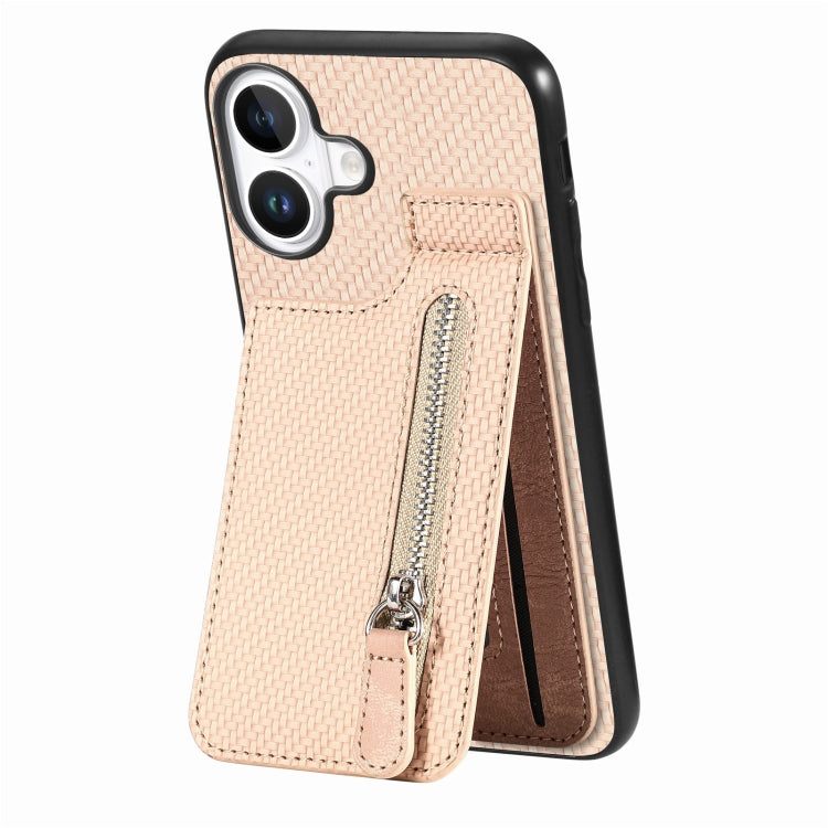 For iPhone 16 Plus Carbon Fiber Vertical Flip Zipper Phone Case(Khaki) - iPhone 16 Plus Cases by buy2fix | Online Shopping UK | buy2fix