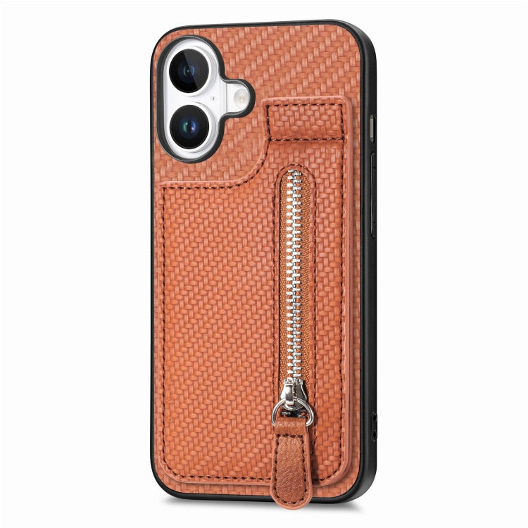 For iPhone 16 Plus Carbon Fiber Vertical Flip Zipper Phone Case(Brown) - iPhone 16 Plus Cases by buy2fix | Online Shopping UK | buy2fix