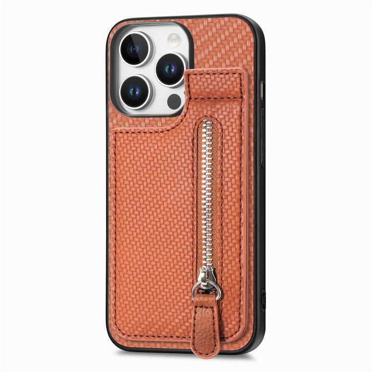 For iPhone 16 Pro Carbon Fiber Vertical Flip Zipper Phone Case(Brown) - iPhone 16 Pro Cases by buy2fix | Online Shopping UK | buy2fix