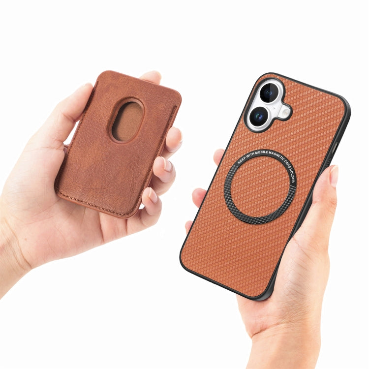 For iPhone 16 Carbon Fiber Leather Card Magsafe Phone Case(Brown) - iPhone 16 Cases by buy2fix | Online Shopping UK | buy2fix