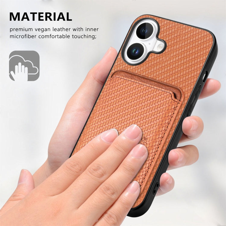 For iPhone 16 Plus Carbon Fiber Leather Card Magsafe Phone Case(Brown) - iPhone 16 Plus Cases by buy2fix | Online Shopping UK | buy2fix