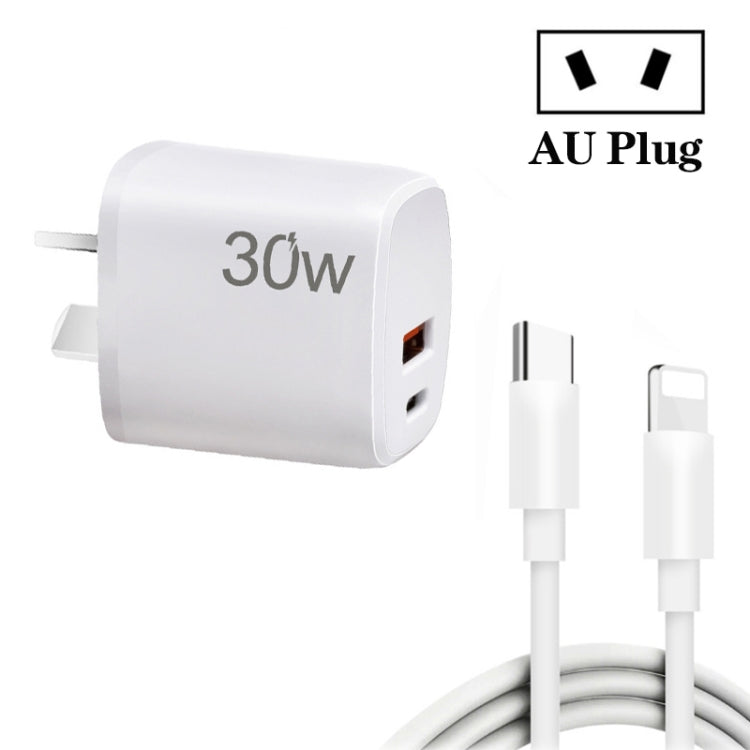 PD30W USB-C / Type-C + QC3.0 USB Charger with 1m Type-C to 8 Pin Data Cable, AU Plug(White) - USB Charger by buy2fix | Online Shopping UK | buy2fix