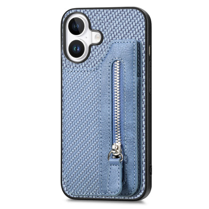 For iPhone 16 Carbon Fiber Horizontal Flip Zipper Wallet Phone Case(Blue) - iPhone 16 Cases by buy2fix | Online Shopping UK | buy2fix