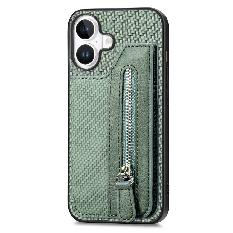 For iPhone 16 Plus Carbon Fiber Horizontal Flip Zipper Wallet Phone Case(Green) - iPhone 16 Plus Cases by buy2fix | Online Shopping UK | buy2fix