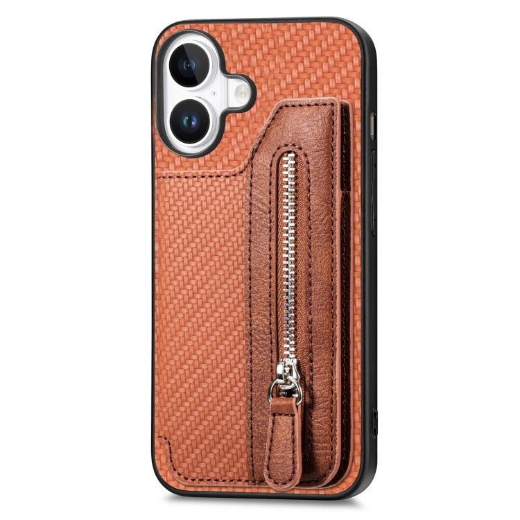 For iPhone 16 Plus Carbon Fiber Horizontal Flip Zipper Wallet Phone Case(Brown) - iPhone 16 Plus Cases by buy2fix | Online Shopping UK | buy2fix