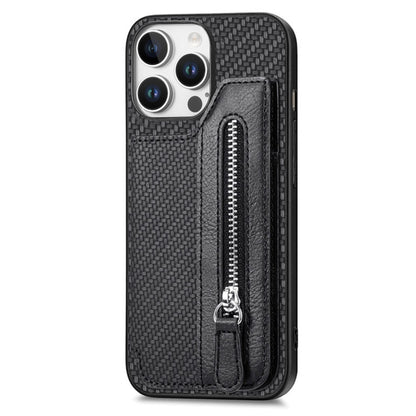 For iPhone 16 Pro Carbon Fiber Horizontal Flip Zipper Wallet Phone Case(Black) - iPhone 16 Pro Cases by buy2fix | Online Shopping UK | buy2fix