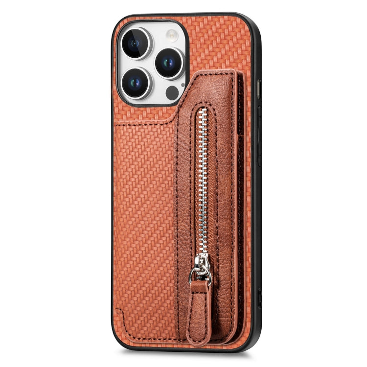 For iPhone 16 Pro Carbon Fiber Horizontal Flip Zipper Wallet Phone Case(Brown) - iPhone 16 Pro Cases by buy2fix | Online Shopping UK | buy2fix