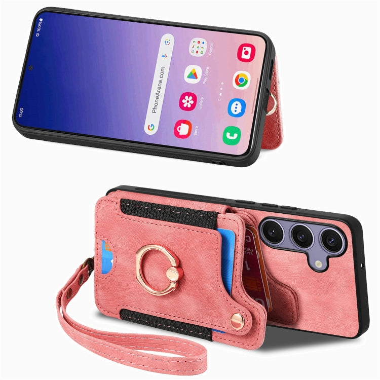 For Samsung Galaxy S25 5G Retro Skin-feel Ring Multi-card Wallet Phone Case(Pink) - Galaxy S25 5G Cases by buy2fix | Online Shopping UK | buy2fix