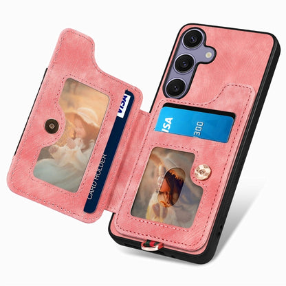 For Samsung Galaxy S25 5G Retro Skin-feel Ring Multi-card Wallet Phone Case(Pink) - Galaxy S25 5G Cases by buy2fix | Online Shopping UK | buy2fix