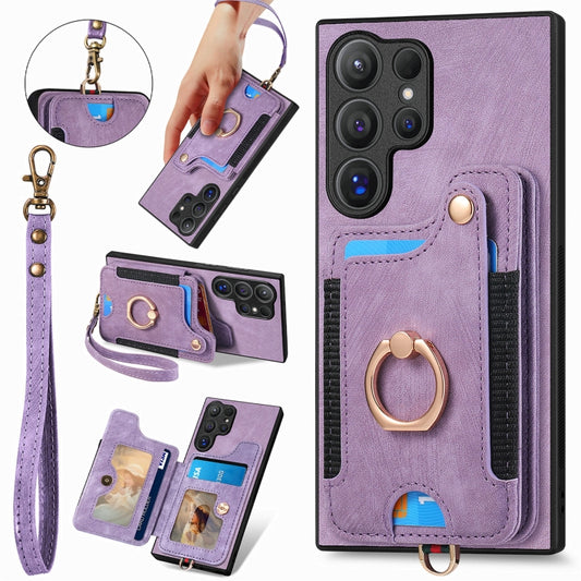 For Samsung Galaxy S25 Ultra 5G Retro Skin-feel Ring Multi-card Wallet Phone Case(Purple) - Galaxy S25 Ultra 5G Cases by buy2fix | Online Shopping UK | buy2fix