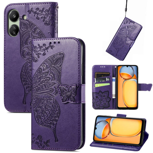 For Xiaomi Redmi 13C Butterfly Love Flower Embossed Leather Phone Case(Dark Purple) - 13C Cases by buy2fix | Online Shopping UK | buy2fix