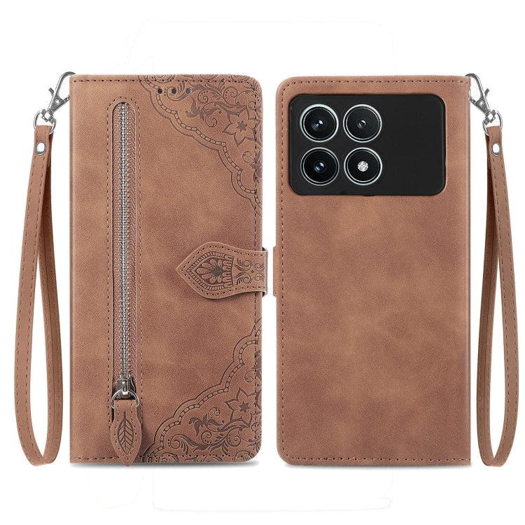 For Xiaomi Redmi K70 Pro Embossed Flower Zipper Leather Phone Case(Brown) - K70 Pro Cases by buy2fix | Online Shopping UK | buy2fix