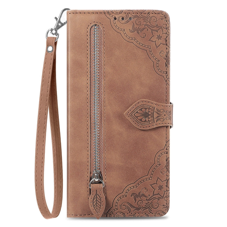 For Xiaomi Redmi K70 Pro Embossed Flower Zipper Leather Phone Case(Brown) - K70 Pro Cases by buy2fix | Online Shopping UK | buy2fix