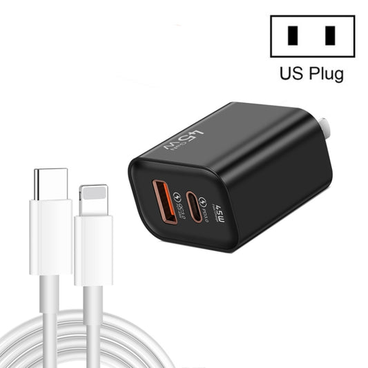 45PQ 45W PD25W + QC3.0 20W USB Super Fast Charger with Type-C to 8 Pin Cable, US Plug(Black) - USB Charger by buy2fix | Online Shopping UK | buy2fix