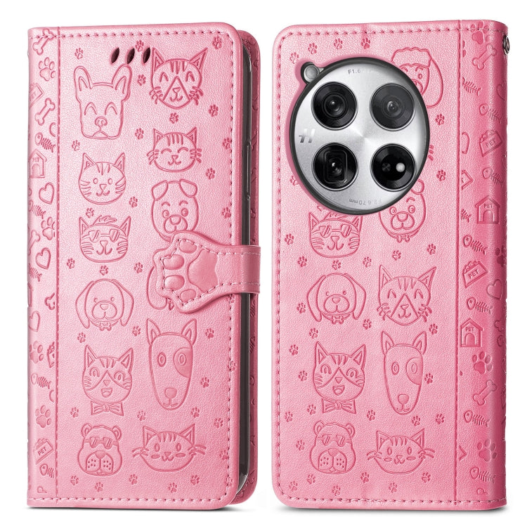 For OnePlus 12 Cat and Dog Embossed Leather Phone Case(Pink) - OnePlus Cases by buy2fix | Online Shopping UK | buy2fix